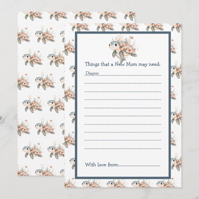 Cute Floral Turtle Baby Shower Invitation (Front/Back)