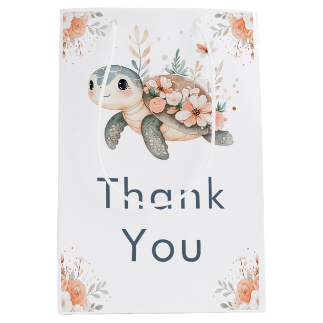 Cute Floral Turtle Baby Shower Medium Gift Bag (Front)
