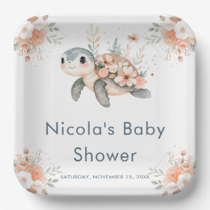 Cute Floral Turtle Baby Shower Paper Plate