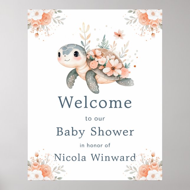 Cute Floral Turtle Baby Shower Welcome Poster (Front)