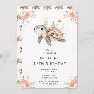 Cute Floral Turtle Birthday Party Invitation