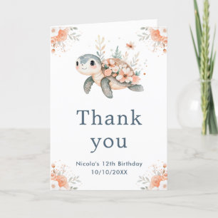 Cute Floral Turtle Birthday Party Thank You Card