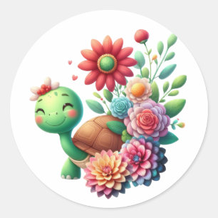 Cute Floral Turtle  Classic Round Sticker