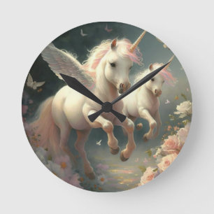 Cute floral Unicorns flying little pony   Round Cl Round Clock