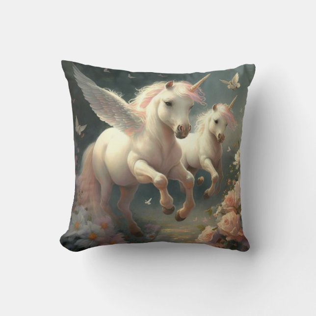Cute floral Unicorns flying little pony    Throw Pillow (Front)