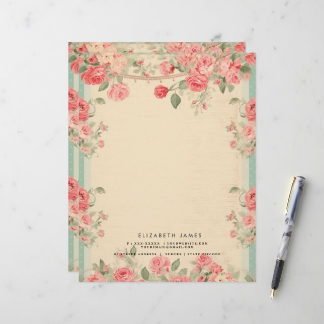 Cute Floral Vintage Valentines Day Personized Letterhead (Front/Back In Situ)