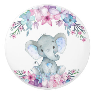 Cute Floral Watercolor Baby Elephant For Boy Ceramic Knob