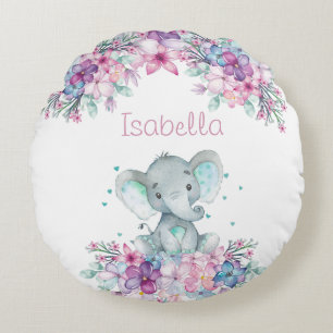Cute Floral Watercolor Baby Elephant For Girl Round Pillow