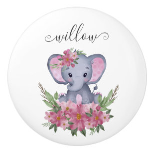Cute Floral Watercolor Baby Elephant Name Monogram Ceramic Knob