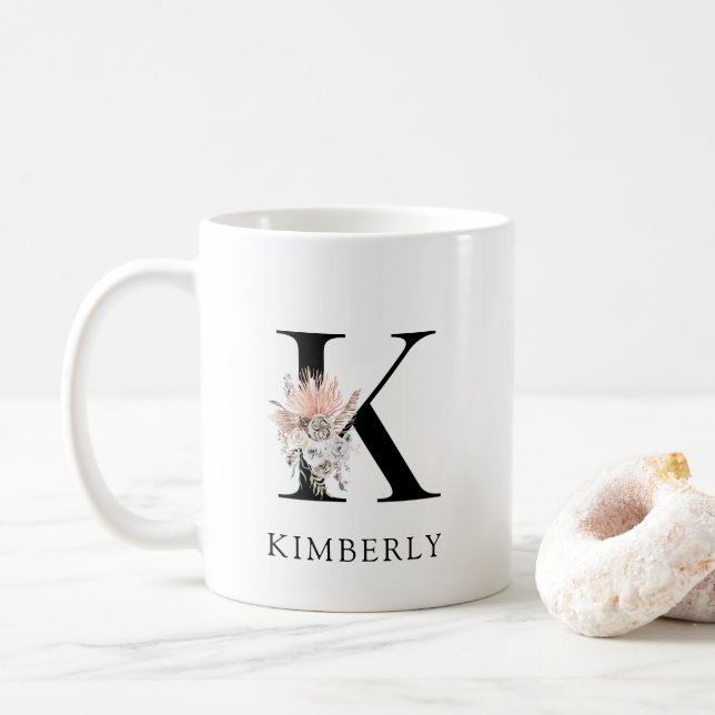 Cute Floral Watercolor Boho Monogram  Coffee Mug (With Donut)