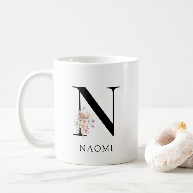 Cute Floral Watercolor Boho Monogram  Coffee Mug (With Donut)