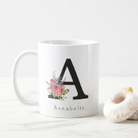 Cute Floral Watercolor Boho Pink Rose Monogram