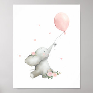 Cute Floral Watercolor Elephant Nursery Poster