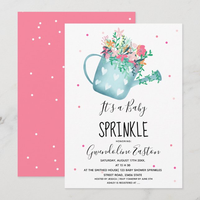 Cute floral watering can pink baby sprinkle shower invitation (Front/Back)