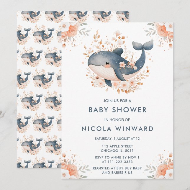 Cute Floral Whale Baby Shower Invitation (Front/Back)