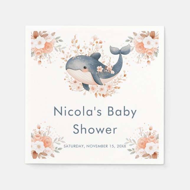 Cute Floral Whale Baby Shower Napkin (Front)