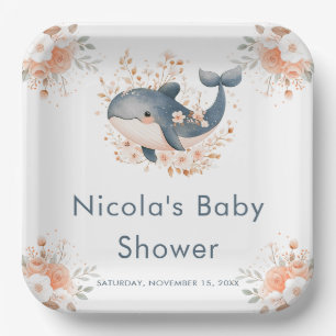 Cute Floral Whale Baby Shower Paper Plate