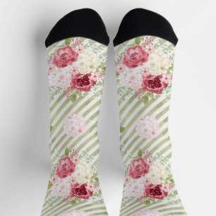 cute floral with green stripes girly socks
