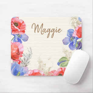 Cute floral with lines monogrammed watercolor pink mouse pad