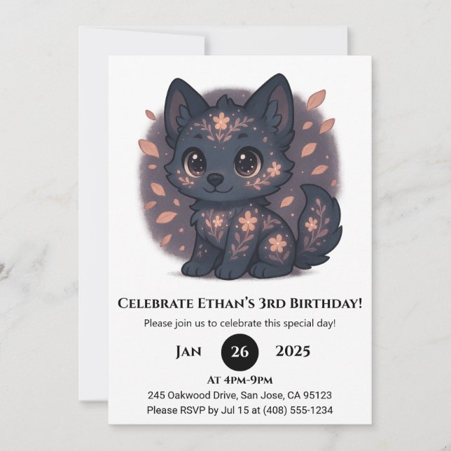 Cute Floral Wolf Birthday Invitation (Front)