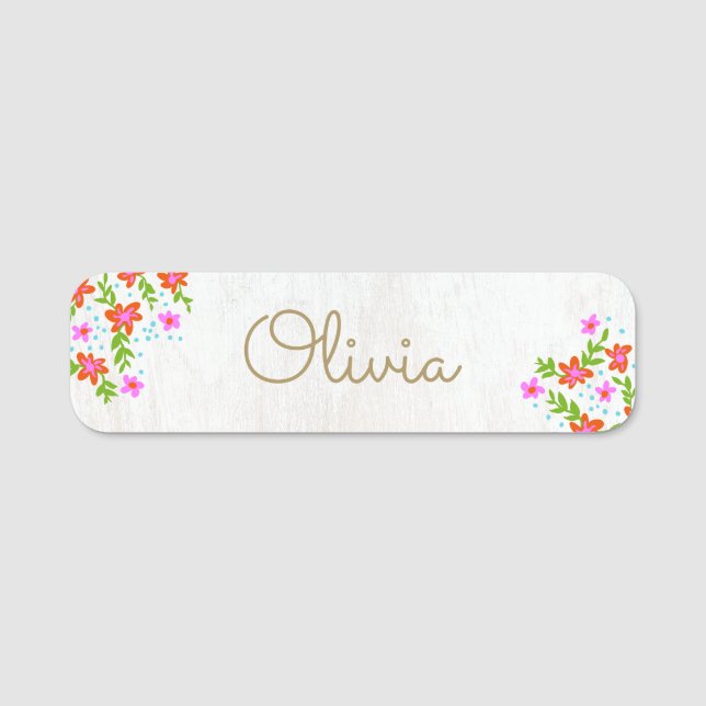 Cute Floral Wood Name Tag (Front)