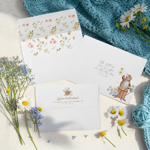 Cute Floral Woodland Knitted Bear Baby Boy Shower Envelope