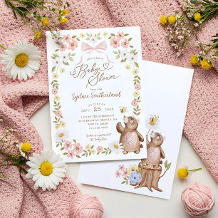 Cute Floral Woodland Knitted Bear Baby Girl Shower Invitation
