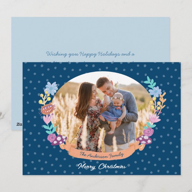 cute floral wreath dark blue Christmas photo Holiday Card (Front/Back)