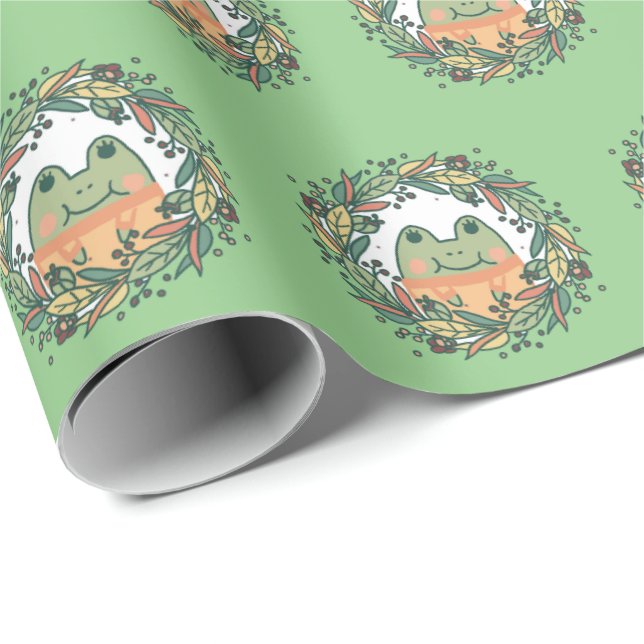 Cute Floral Wreath Frog in Sweater Wrapping Paper (Roll Corner)
