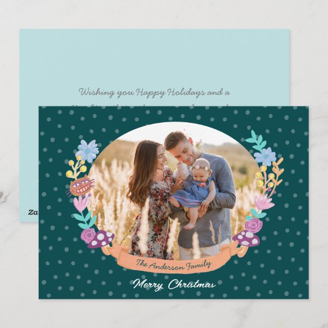 cute floral wreath green Christmas photo Holiday Card (Front/Back)