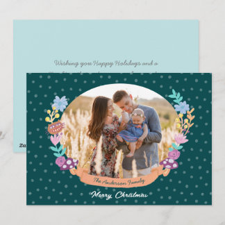 cute floral wreath green Christmas photo Holiday Card