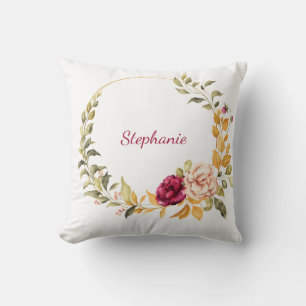 Cute Floral Wreath Monogrammed Throw Pillow