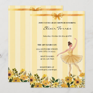 Cute Floral Yellow Ballerina Ribbon Baby Shower Invitation