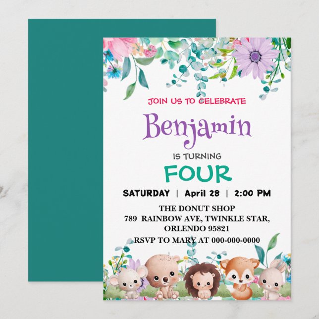 Cute Floral zoo jungle Animals Birthday girls kids Invitation (Front/Back)