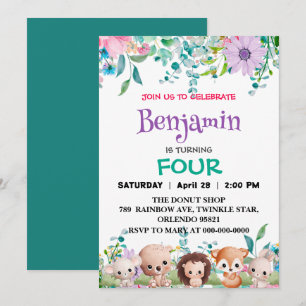 Cute Floral zoo jungle Animals Birthday girls kids Invitation
