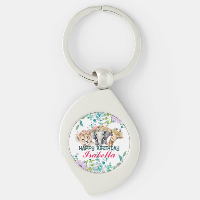 Cute Floral zoo jungle Animals Birthday Welcome  Keychain (Front)