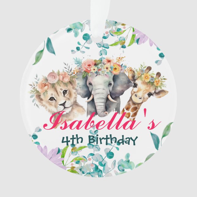 Cute Floral zoo jungle Animals Birthday Welcome  Ornament (Front)