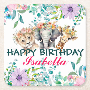 Cute Floral zoo jungle Animals Birthday Welcome Square Paper Coaster