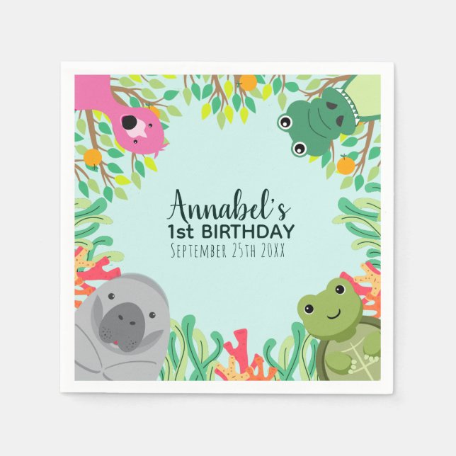 Cute Florida Animals Wild One Kids Birthday Napkin (Front)