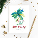 Cute Florida Santa Watercolor Christmas  Card<br><div class="desc">This beach theme watercolor Christmas card features a palm tree and Santa on the beach. The words Merry Beach-mas are set in a hand lettered typography. The inside is blank for you to add your personalized greeting. Order printed cards, bulk orders or a printable Christmas card. To see more tropical...</div>