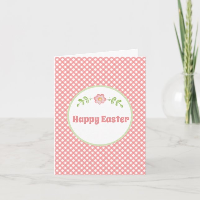 Cute Flower and Coral Pink Gingham Easter  Card (Front)