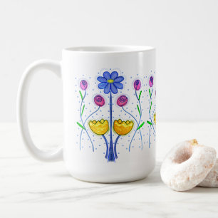 Cute Flower Art In Row Blue Pink Yellow Coffee Mug