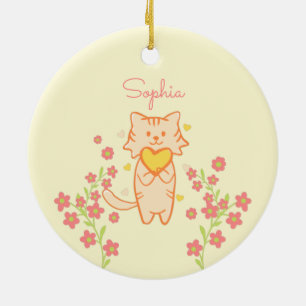 Cute Flower Cat and Heart Ceramic Ornament