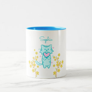 Cute Flower Cat and Heart Two-Tone Coffee Mug