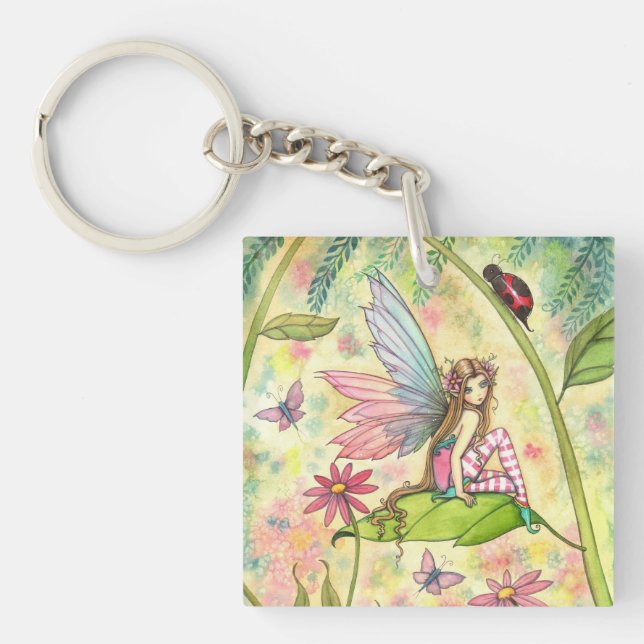 Cute Flower Fairy and Ladybug Fantasy Art Keychain (Front)