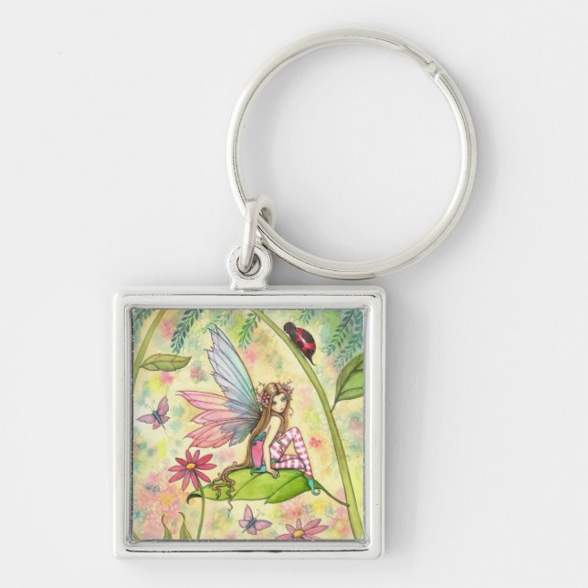 Cute Flower Fairy and Ladybug Fantasy Art Keychain (Front)