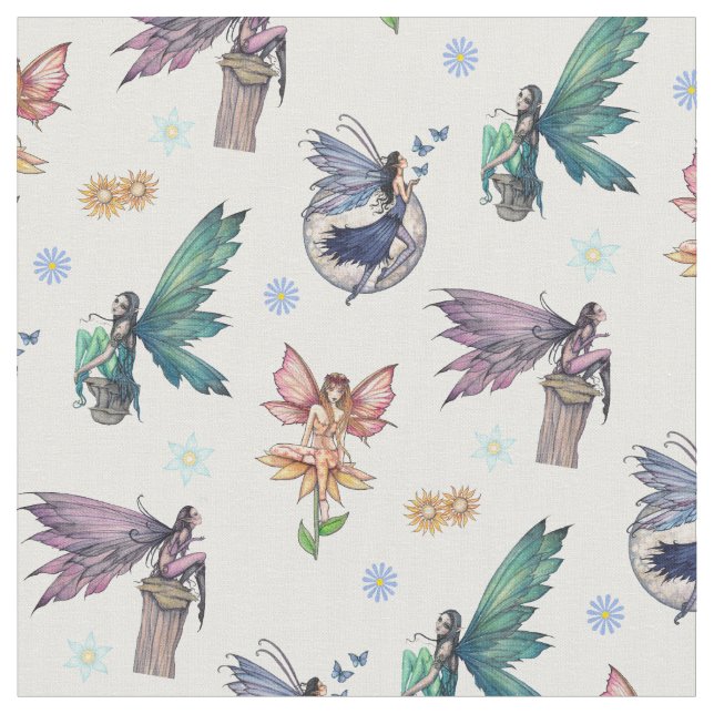 Cute Flower Fairy Fantasy Art Pattern Fabric (Close Up)