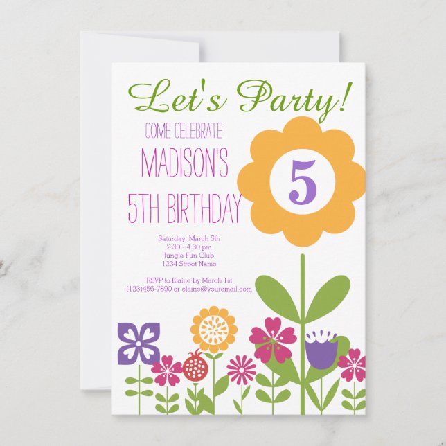 Cute Flower Garden Birthday Party Invitations (Front)