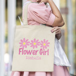 Cute Flower Girl Pink Daisy Custom Wedding Gift Tote Bag<br><div class="desc">Cute custom flower girl tote bag gift for the special little girls in your wedding bridal party. Pretty pink daisy flowers with the child's name underneath on a beautiful personalized kids present.</div>