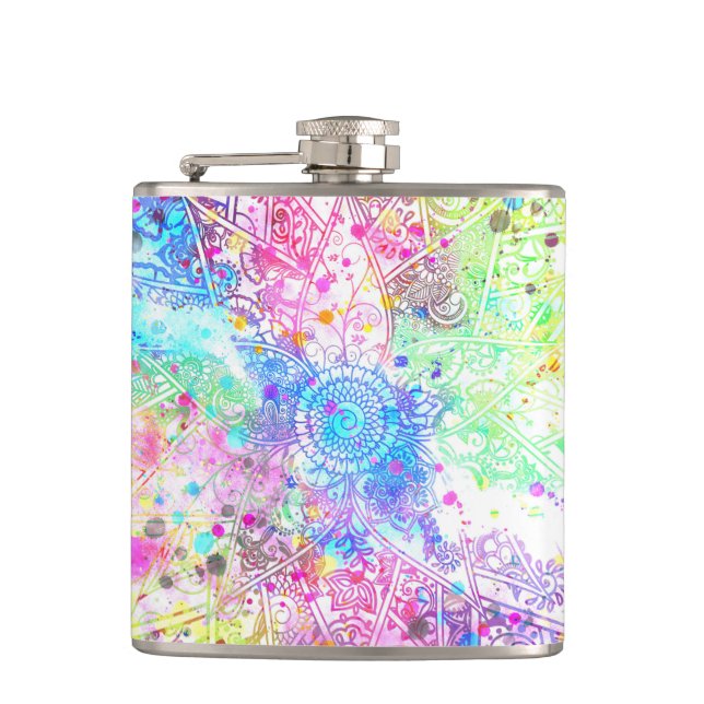 Cute flower henna hand drawn design watercolors hip flask (Front)